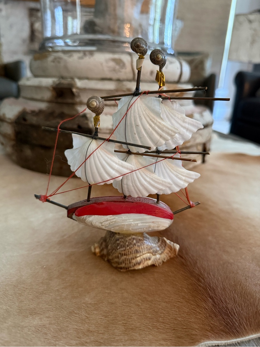 Vintage Japan Seashell Sailboat Figurine with Red Hull